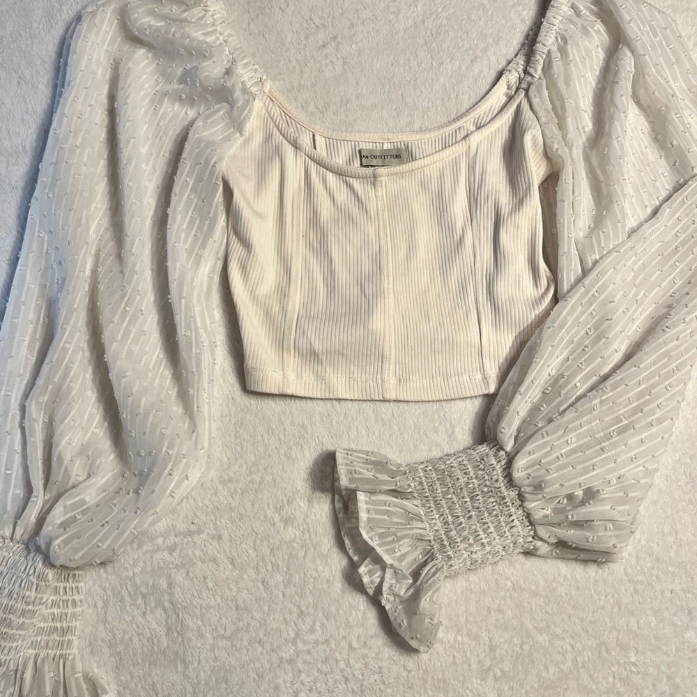 Urban Outfitters Ivory Ribbed Crop Top with Sheer Puff Sleeves